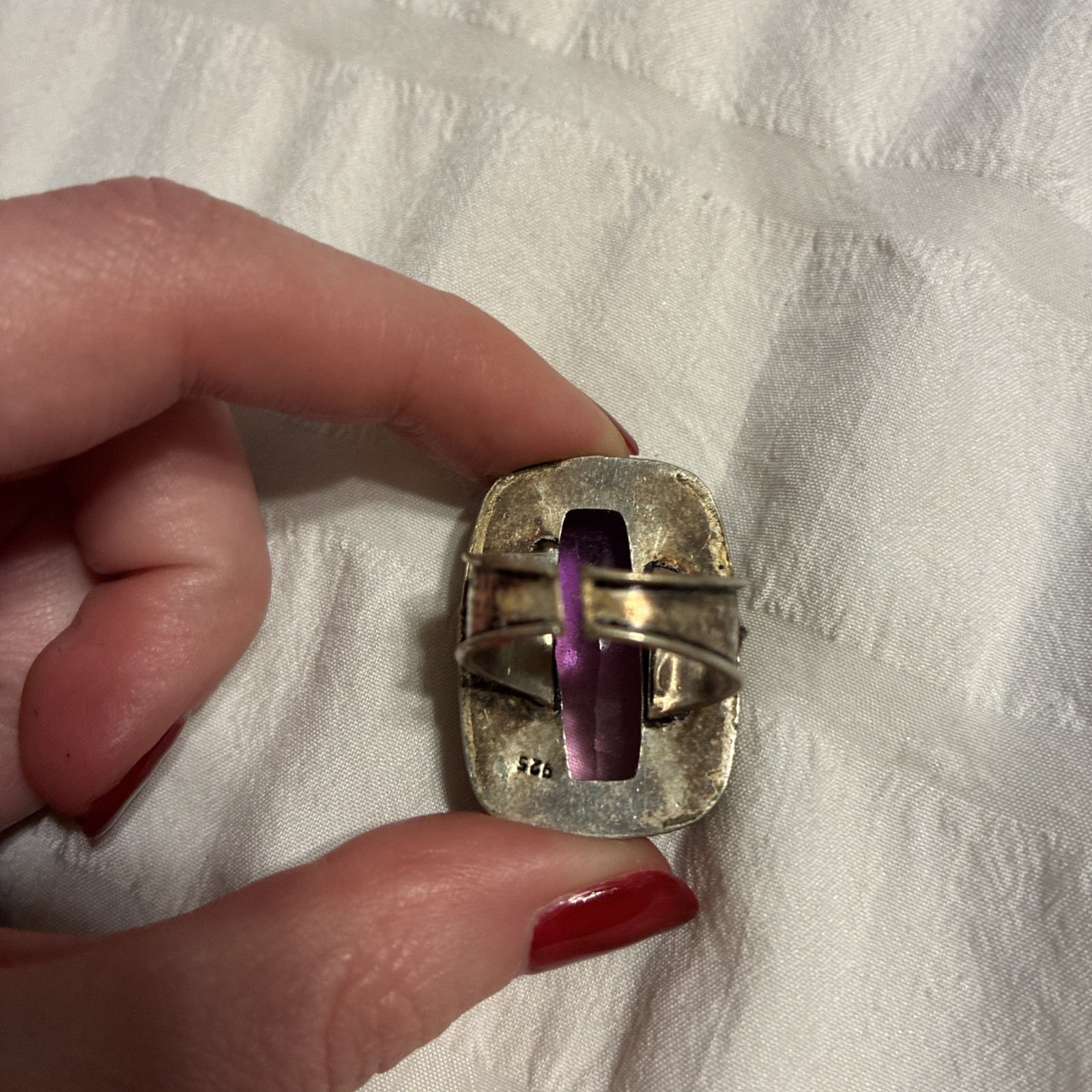 Vintage Large Purple Crystal 925 Sterling Silver Gold Ring Adjustable One Size