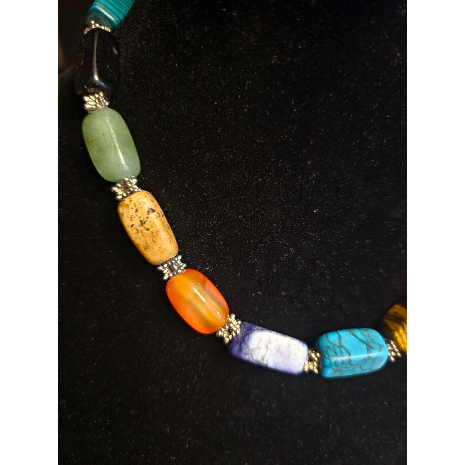 Vtg Gemstone Statement Necklace Tiger’s Eye Jade Malachite Onyx Carnelian 17″