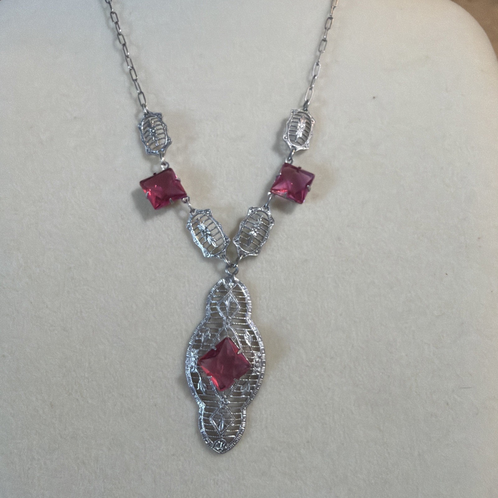 Antique ART DECO Silver Tone PINK CZECH Glass Filigree Necklace 18 inchs