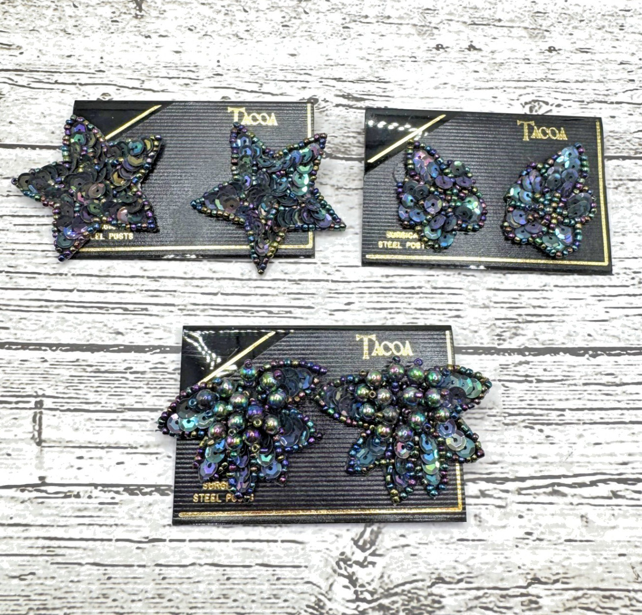 Vintage Tacoa Sequin w Beads Pierced Earrings Dark Iridescent Bling- 3 Pair- NWT