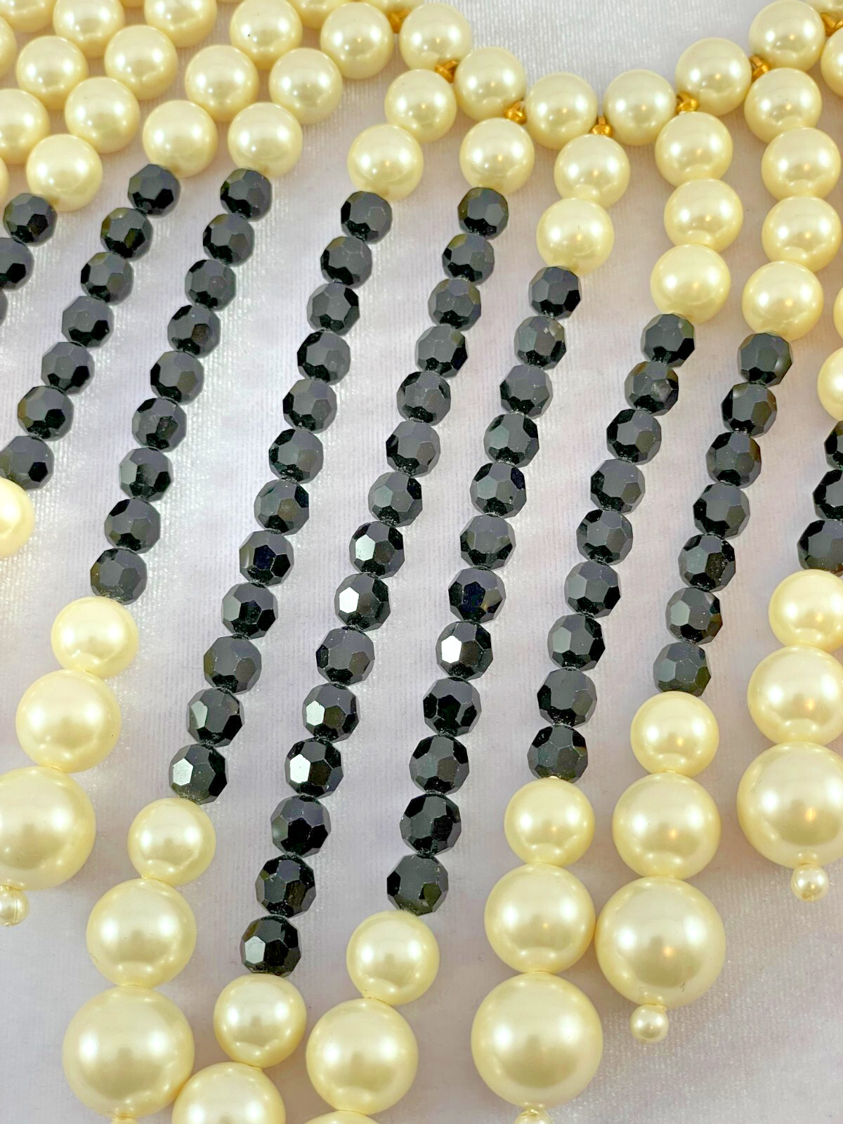 Vtg MARVELLA Fringe Bib Collar Faux Pearl Black Faceted Crystal Choker Necklace