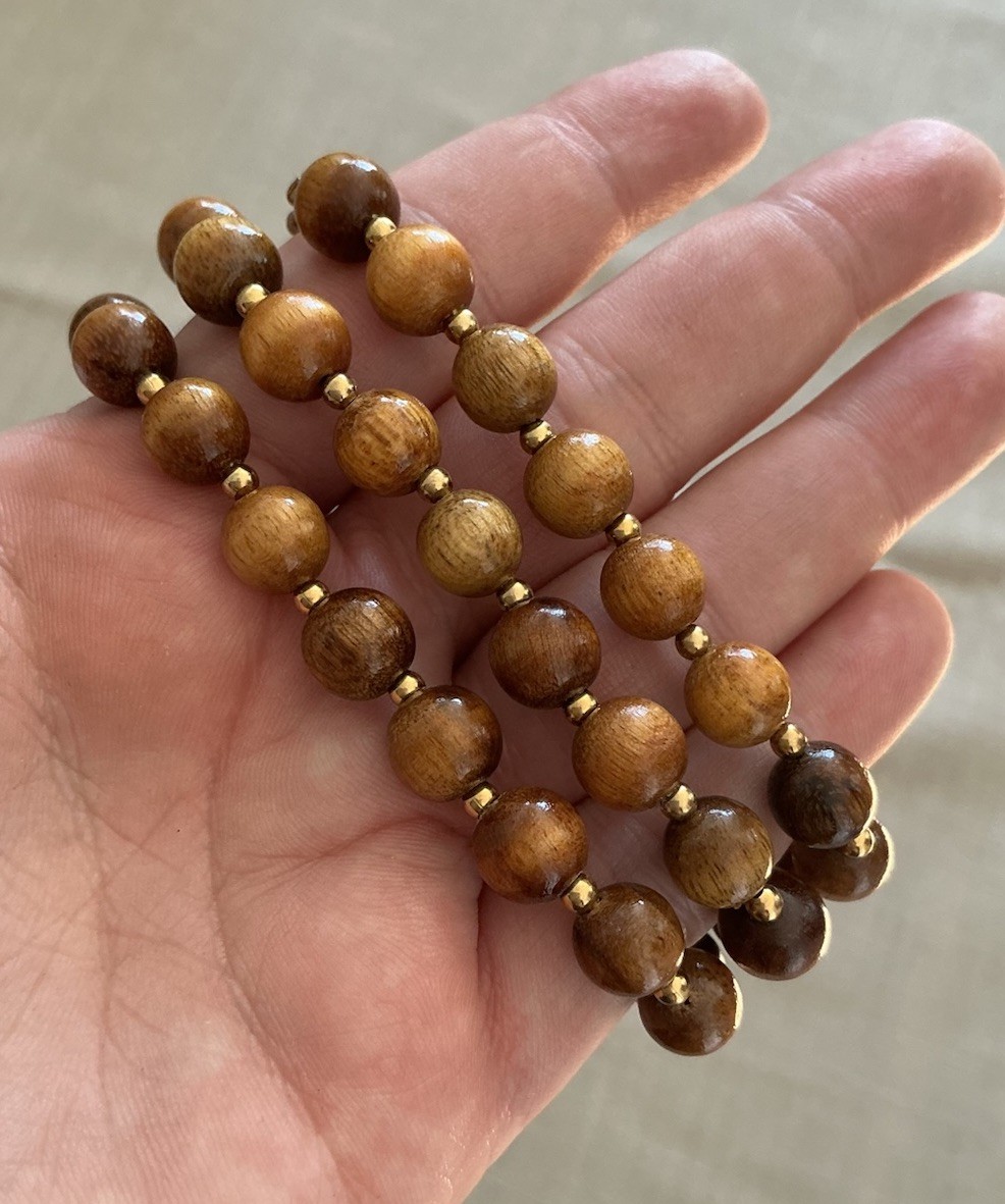 Vintage Wood And Gold Tone Beaded Necklace Fish Hook Clasp 23”