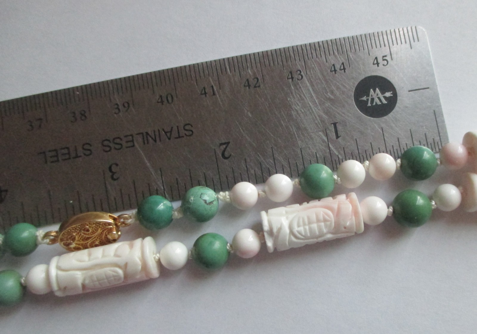 VINTAGE CARVED SHOU BARREL CONCH SHELL CORAL TURQUOISE BEAD NECKLACE STERLING