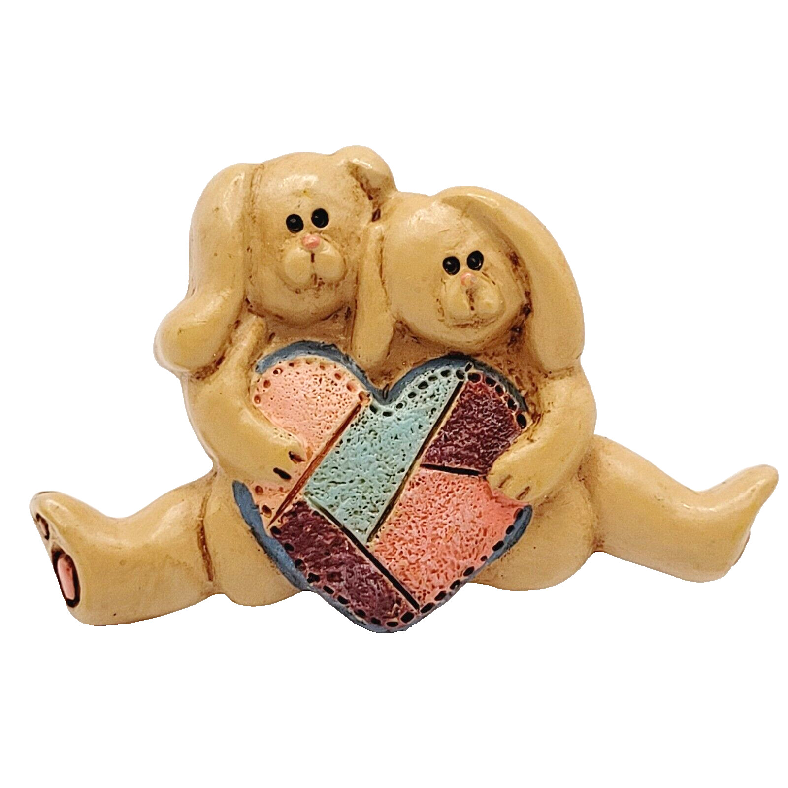 Two Bunny Rabbit Holding Quilted Quilt Heart Love Vintage Lapel Pin Small Brooch