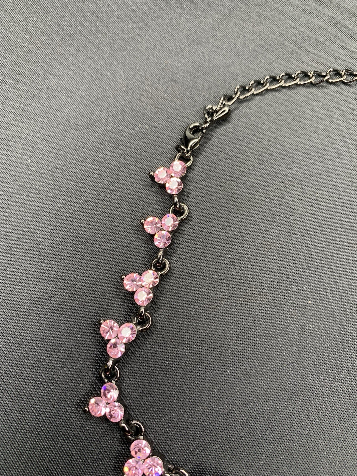 Pink Flower Shape Rhinestone Black Gun Metal Necklace 14” Choker