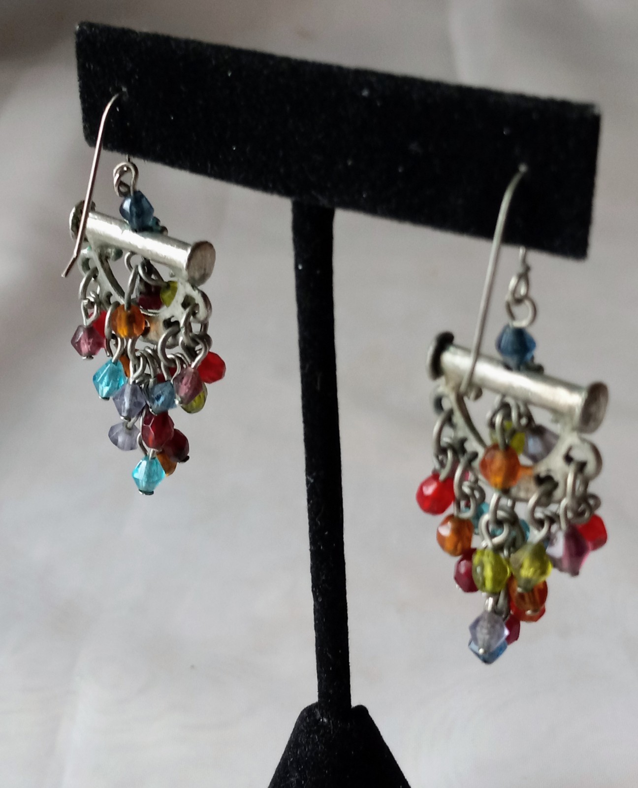 Vtg Pewter Dangling Earrings W Clustered Colorful Beads. Approximately 2″ #G