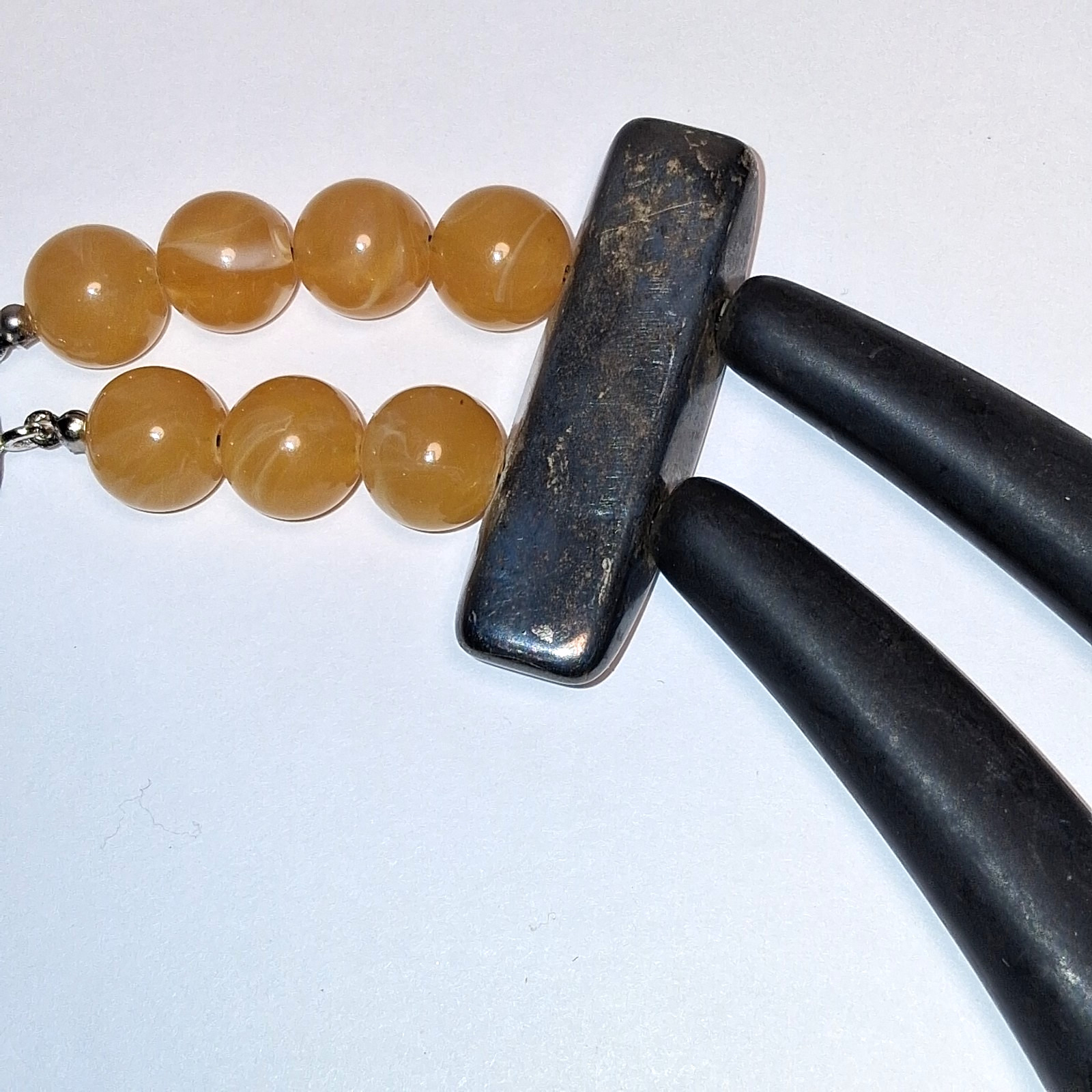 Vintage Les Bernard Double Strand Faux Horn Runway Necklace Black & Amber Resin