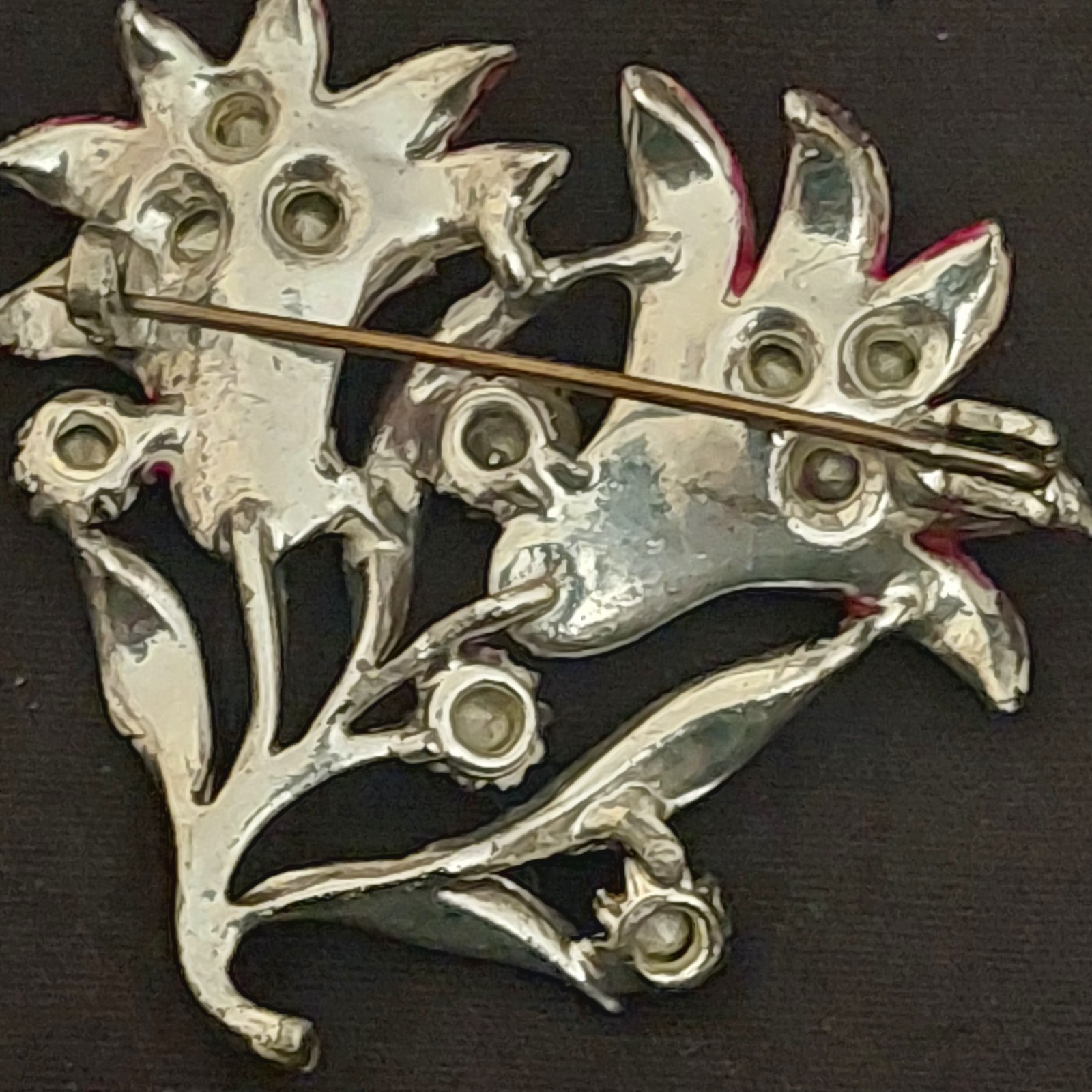 Vintage British Pink Green Guilloche Enamel Lily Rhinestones Flower Brooch