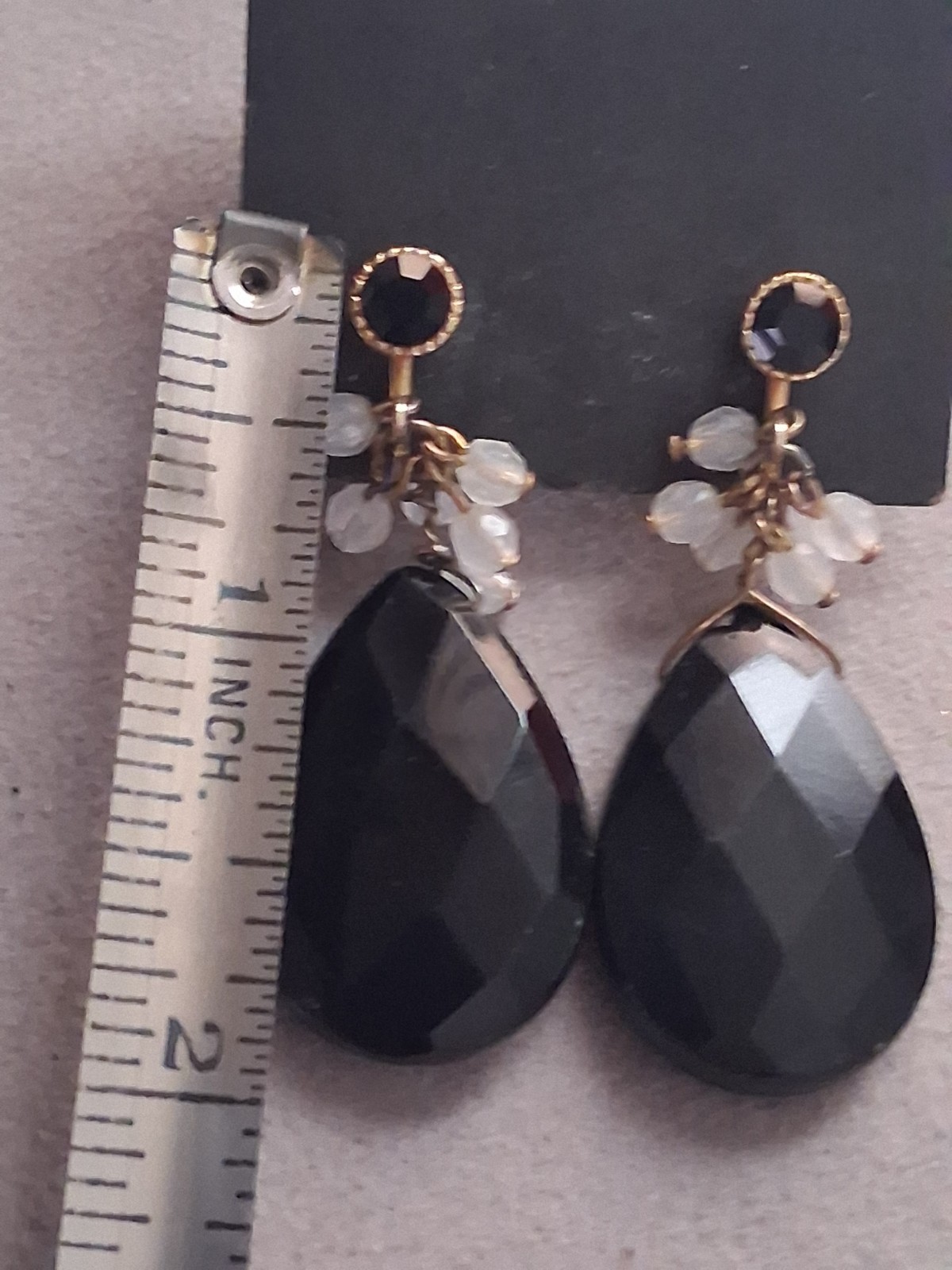 Faceted black glass teardrop stone adjustable clip on earrings w/dangle accents