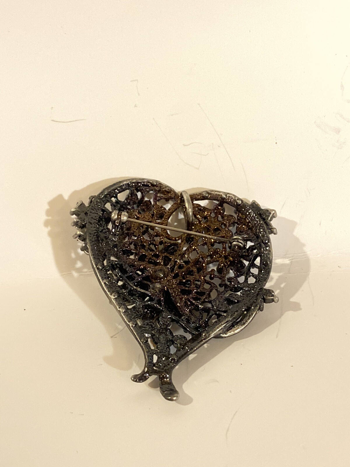 Vintage 1990s 1980s pewter Ice Blue Rhinestone ornate Heart Brooch