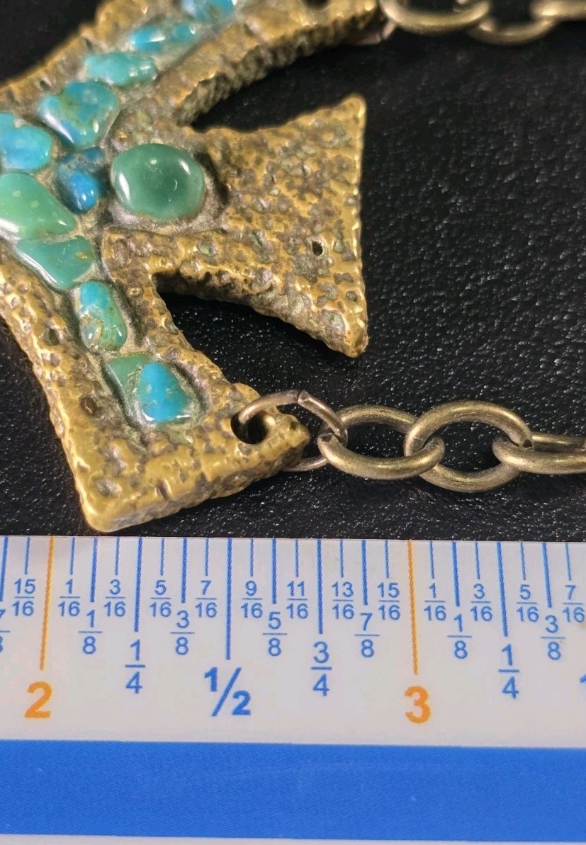 Vintage Mid-Century Brutalist Brass Turquoise Drop Pendant Necklace