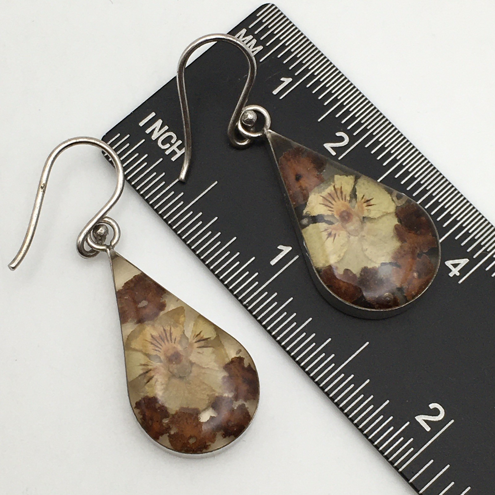 Sterling Silver ATI Dried Flower Resin Teardrop Dangle Earrings 925 Mex 4.5g #61