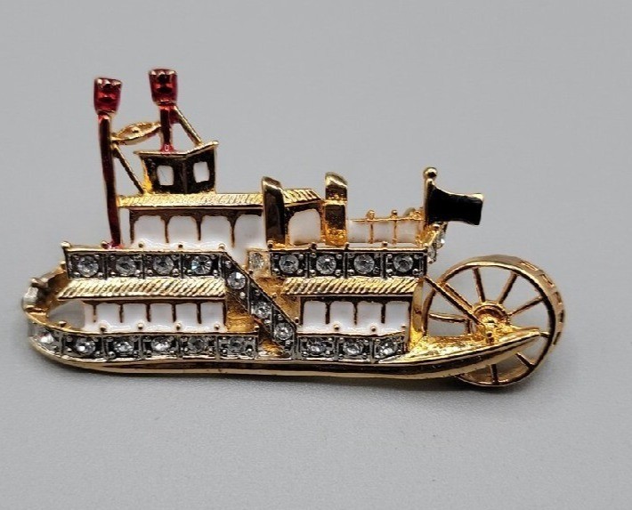 Vintage L-S Louis Stern Steamboat Brooch Pin Rhinestone Studded Gold Tone Estate