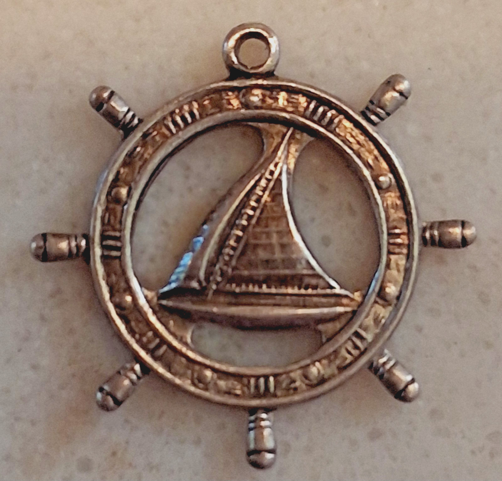 Antique 925 Sterling Silver SHIP WHEEL SAILBOAT Sailing Boat Bracelet Charm SEA