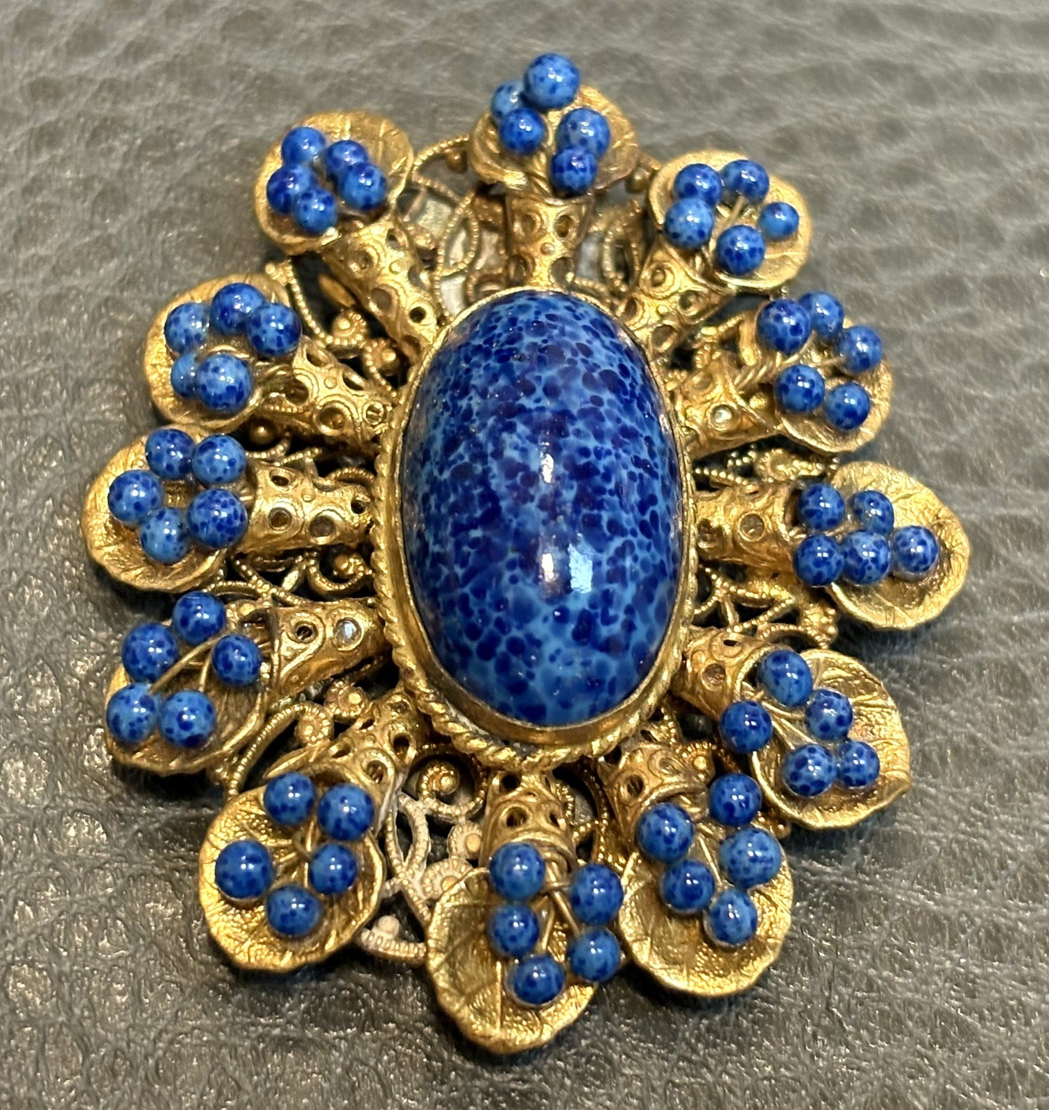Vintage Large Faux Lapis Wire Beads Gold Tone Filigree Fur Clip Brooch