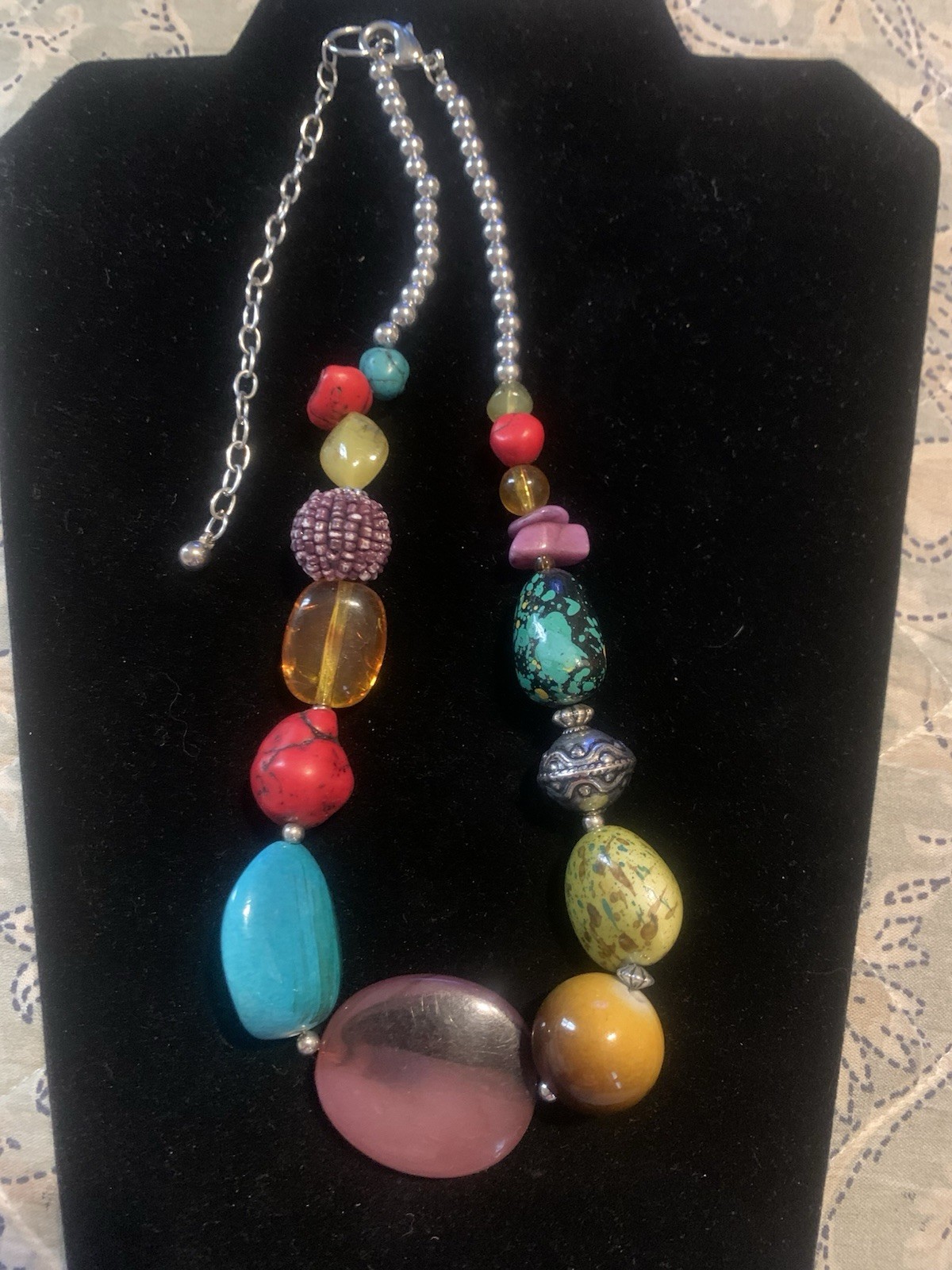 Vintage Pretty HSN Mixed Chunky Beads Stones Silver Tone Multi Color Necklace