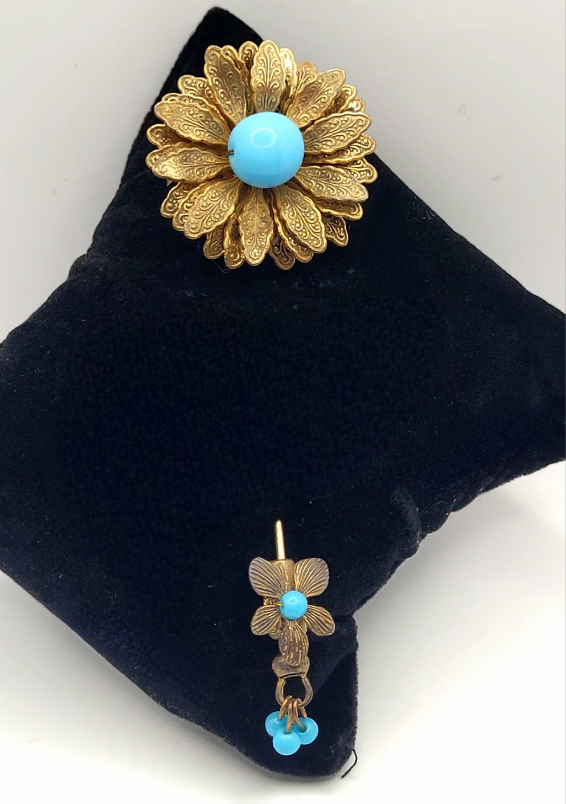 Vtg Miriam Haskell Rhinestone Turquoise Blue Glass Beaded Flower Runway Pin