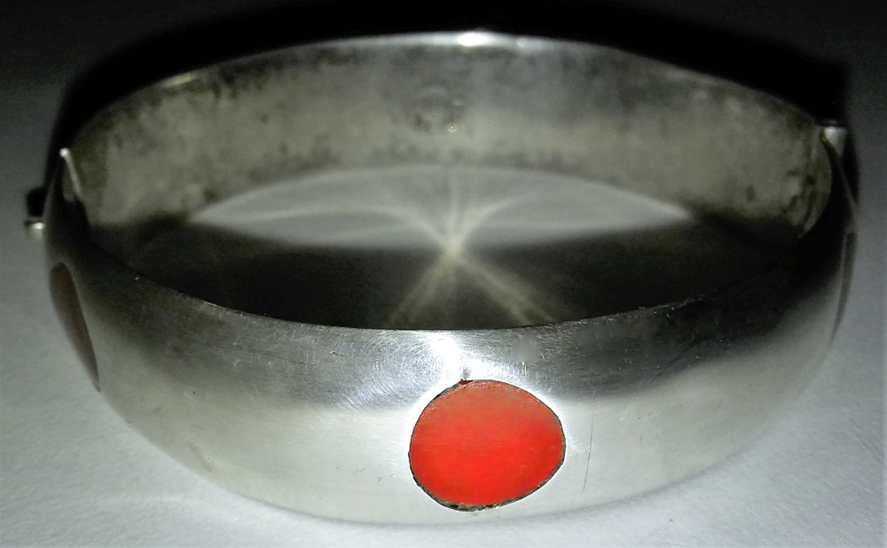 Vintage Mexican Silver Bracelet Taxco Red Polka Dot Bangle Frida Style Era Antiq