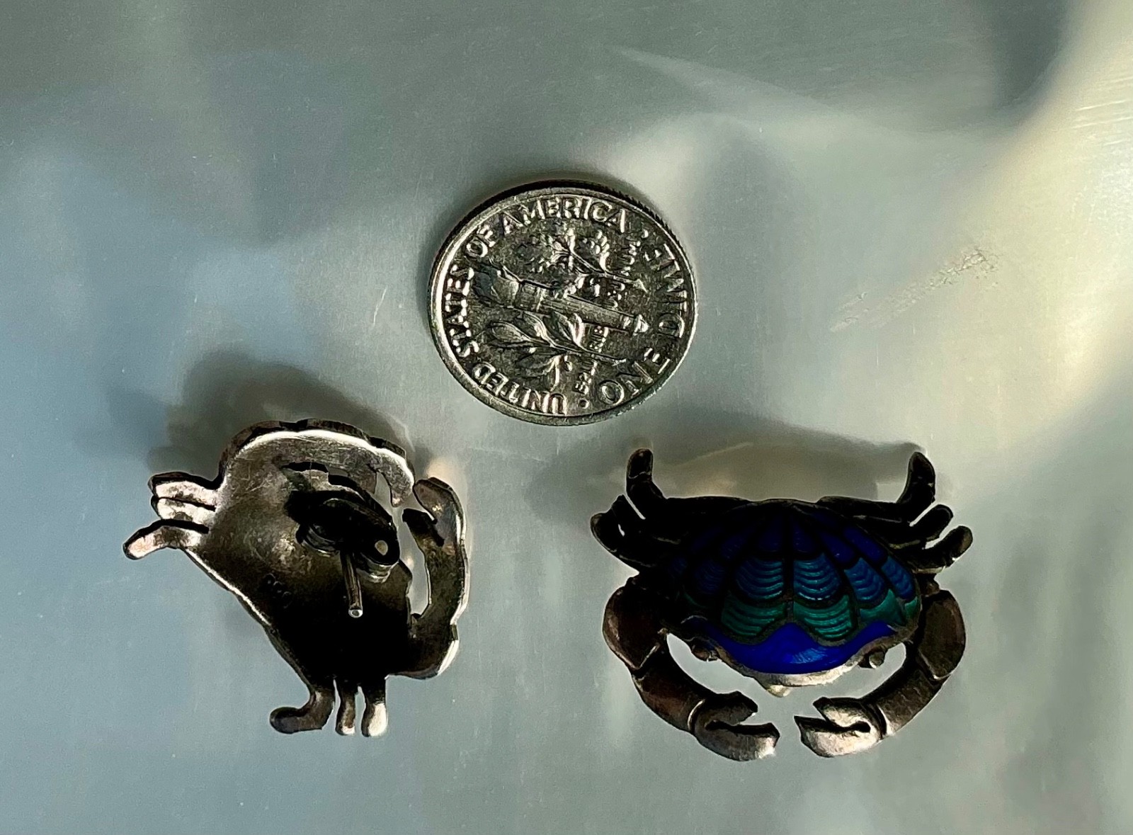 Vintage 980 Sterling Silver with blue enamel crabs, post earrings