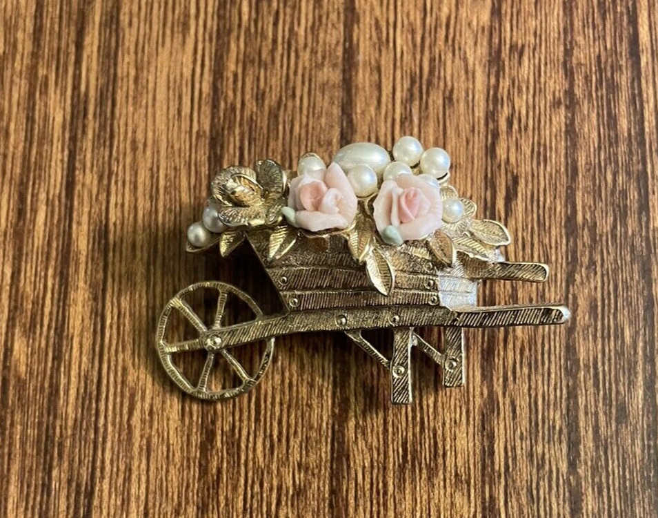Vintage Porcelain Rose Wheelbarrow Brooch Pin Gold Tone