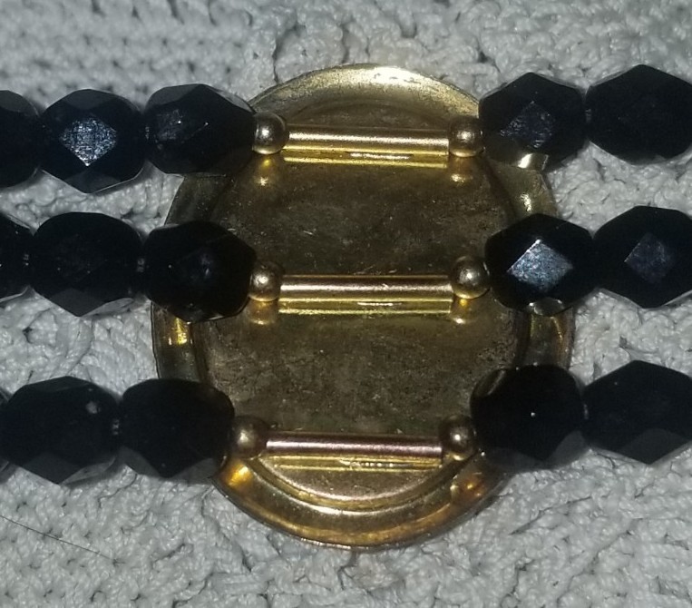 Cameo Necklace, Antique Jet Black Glass,3 Strand Choker, 16 1/2 inch, Gold Tone