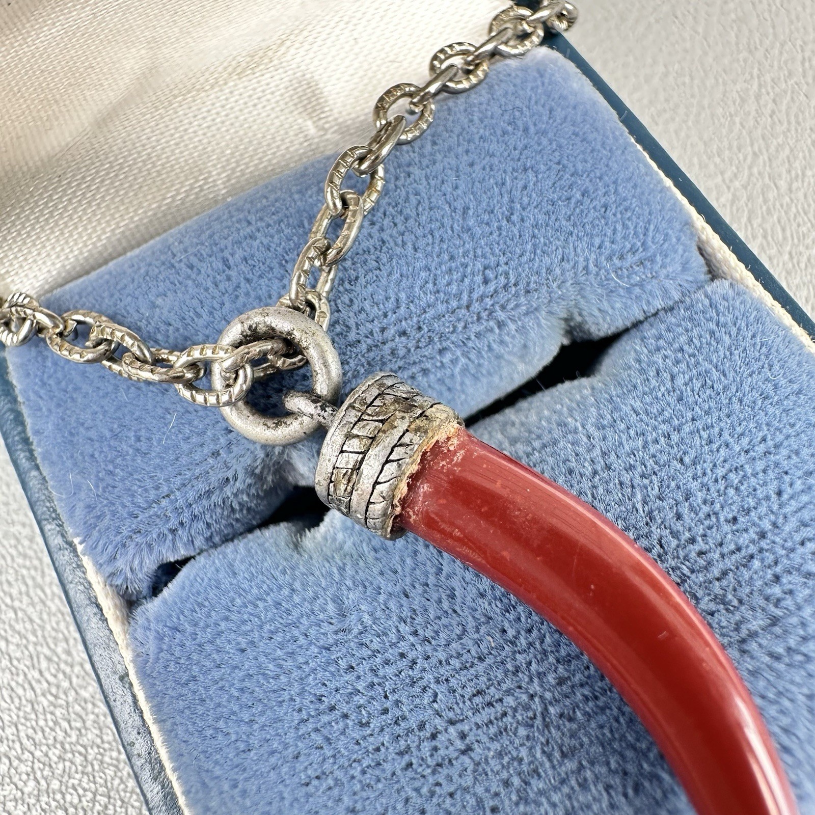 Vintage Cornicello Horn Necklace Red Resin Faux Coral Silver Tone Corno Luck 70s