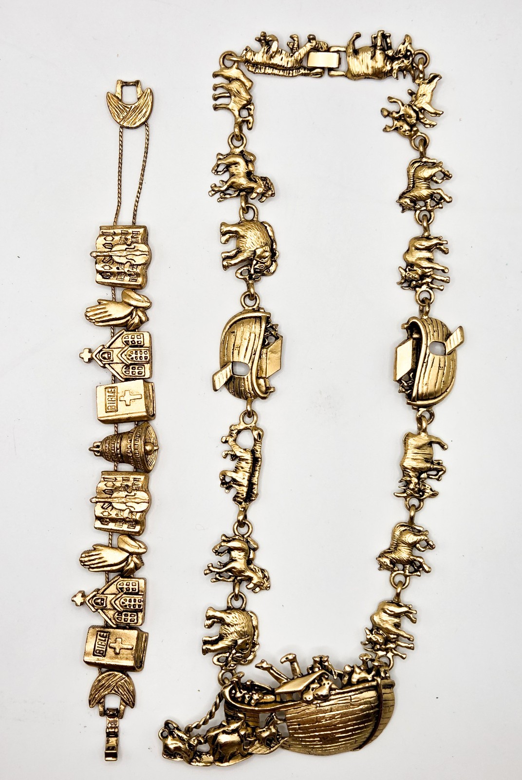 Noah’s Ark Necklace And Christian Slider Bracelet Vintage Gold Tone