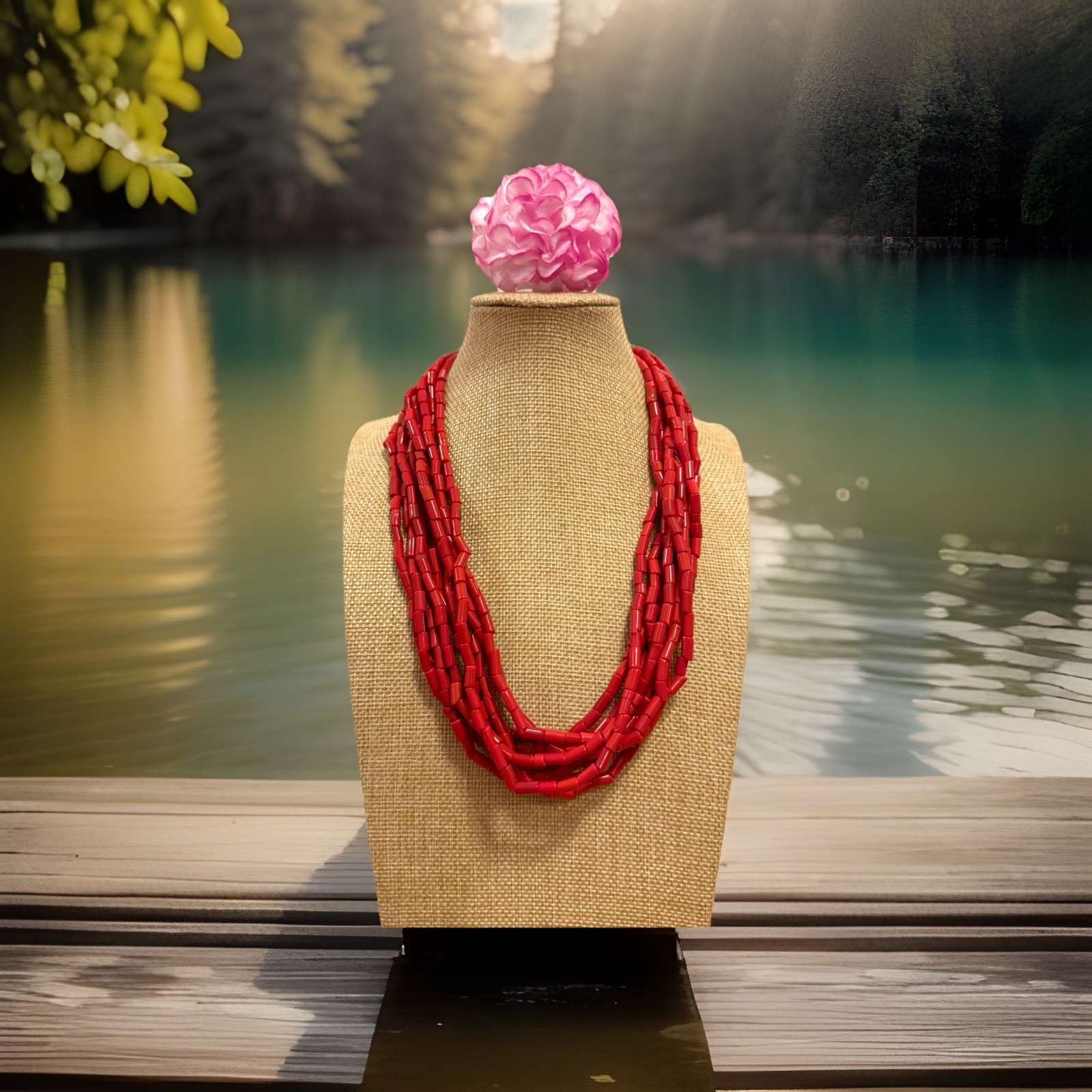 Gorgeous multi strand ethnic style barrel shape sherpa coral necklace 22”inch