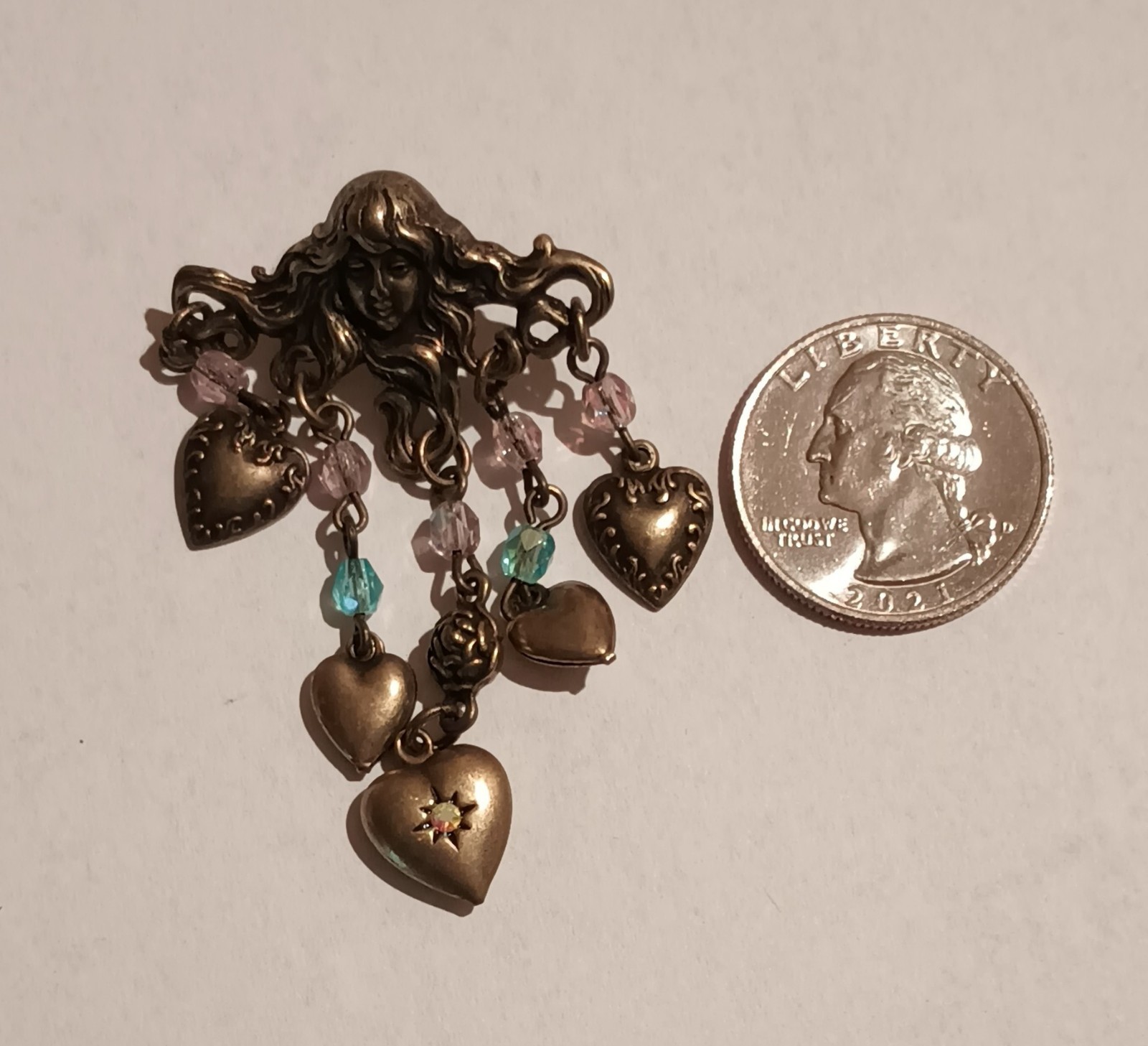Sweet Romance Vintage Victorian Medusa W/Dangling Beads & Heart Charms Brooch