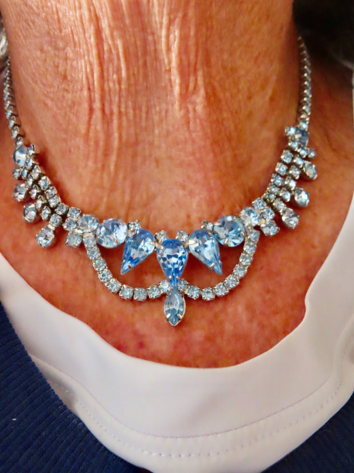 Vintage 1960’s Silver Tone Baby Blue Rhinestone Festoon Swag Necklace