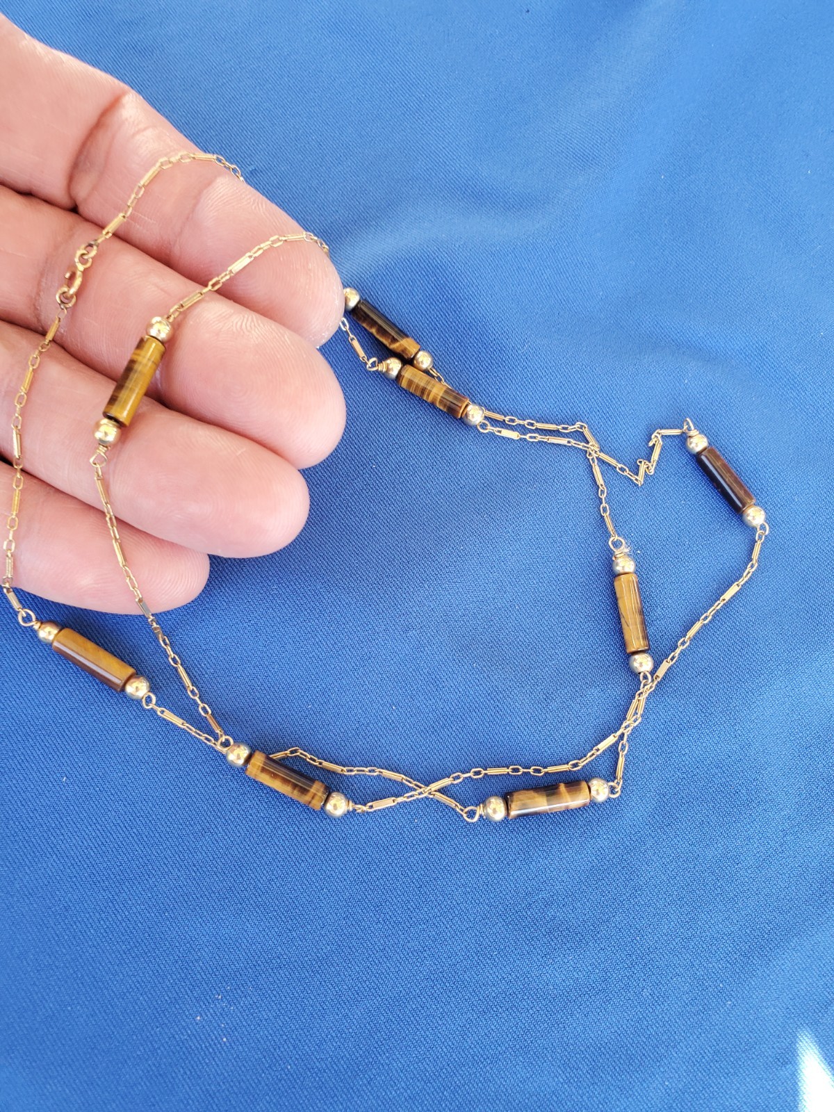 Vintage 14K GOLD Art Deco Tiger eye Statement Necklace Unique Antique Chain 28″