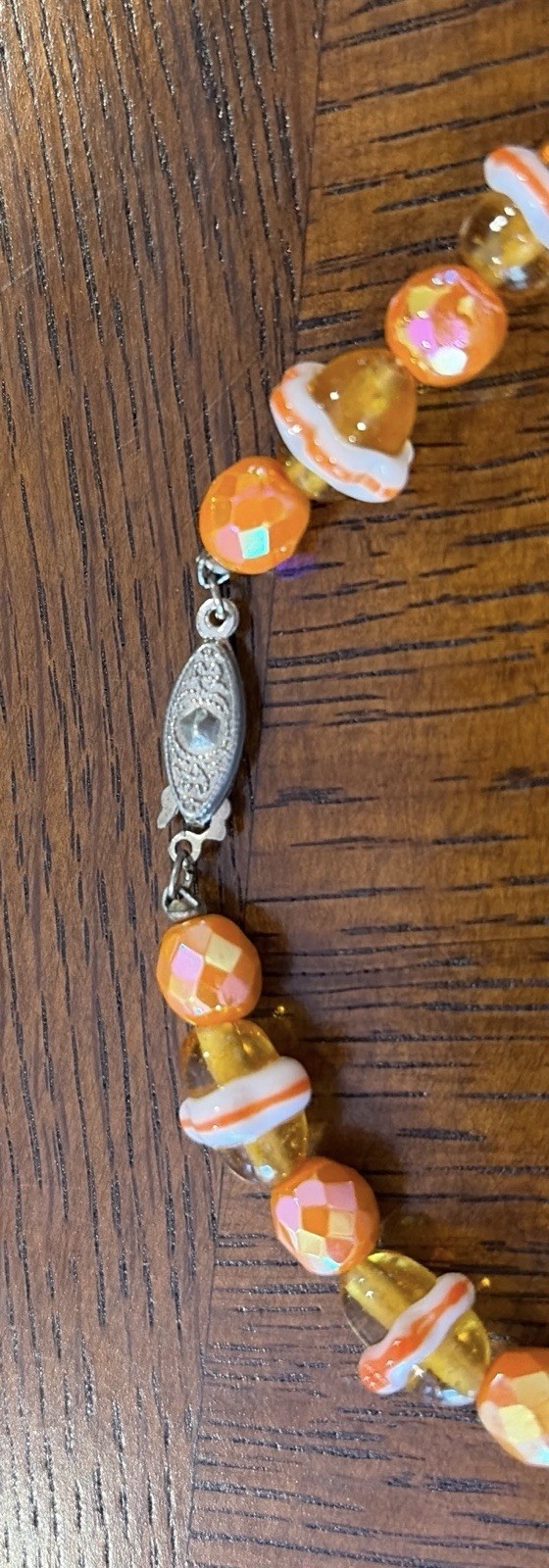 Vintage Unusual Hand Knotted Glass Bead Necklace Orange Saturn Shape Beads