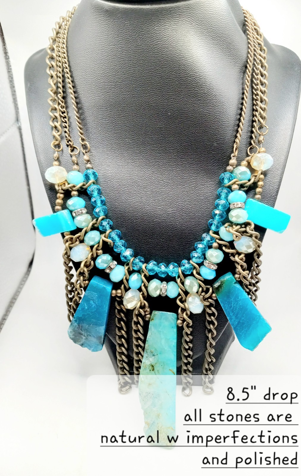Vtg Natural Polished Stone & Brass Faceted Crystal Statement Necklace 8.5″ Drop