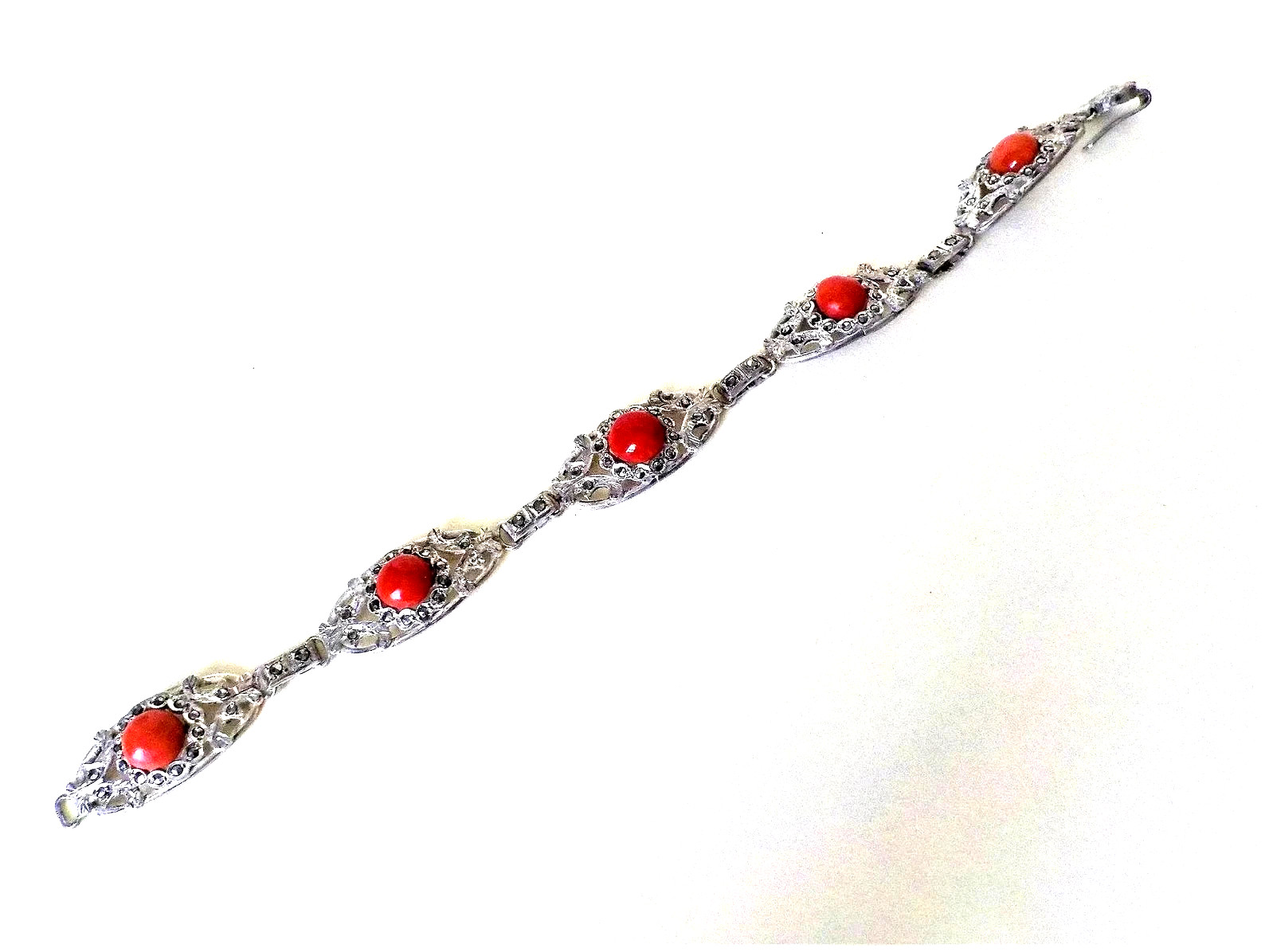 Vintage European Ox Blood Red Coral Marcasite 800 Silver Bracelet