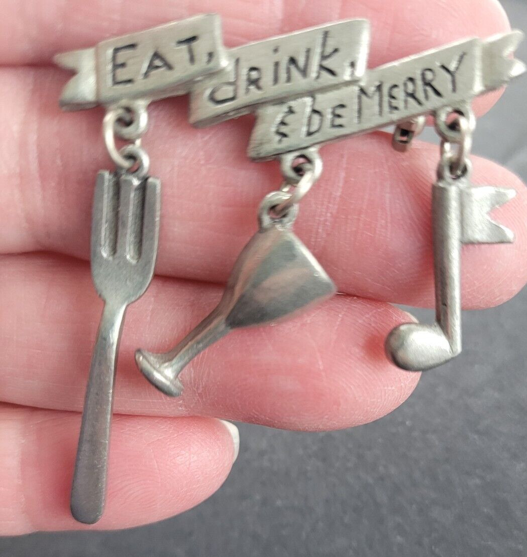 Vintage Tiny Clift Pewter Brooch Eat Drink & Be Merry Fork Wine Glass Music Note