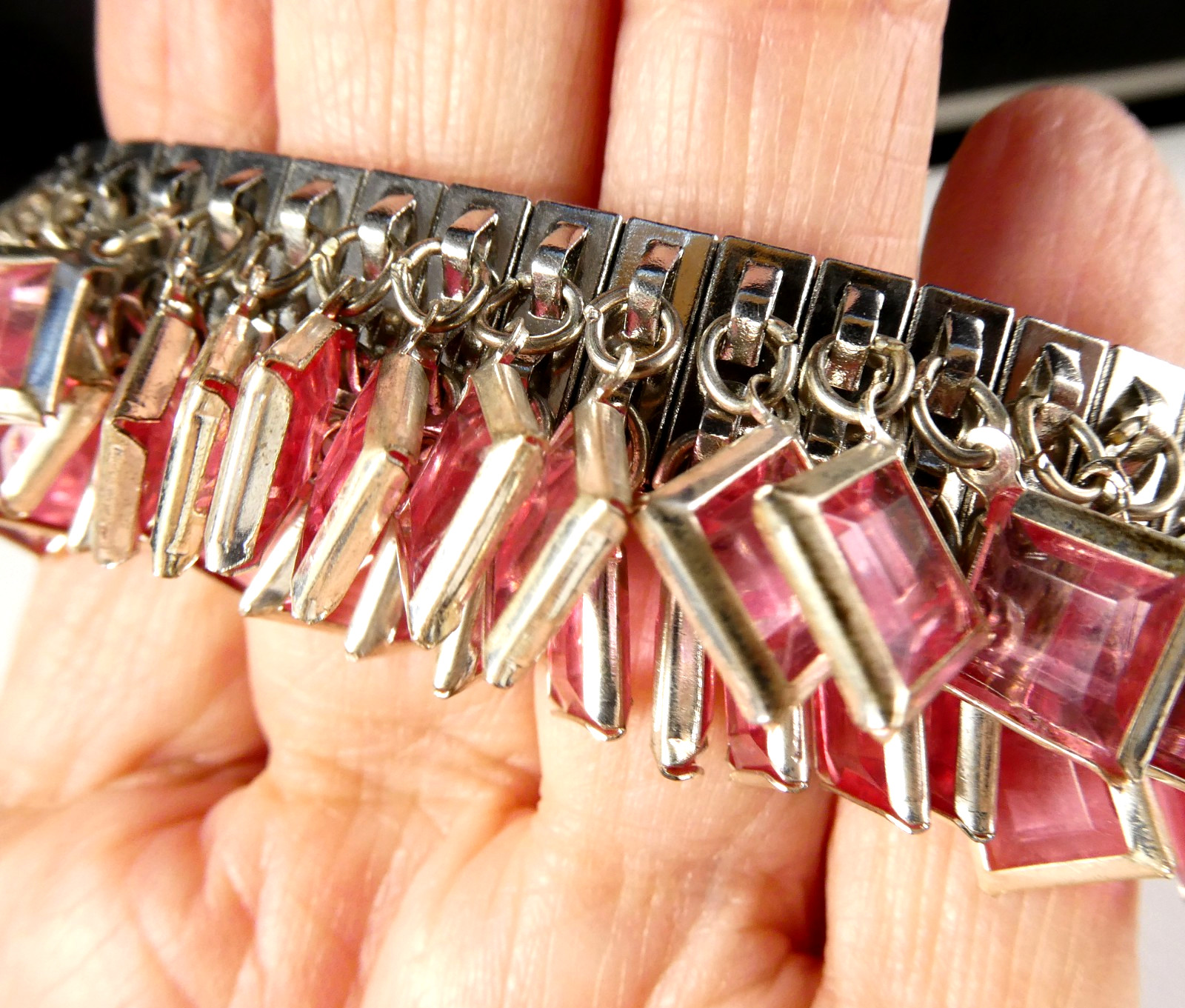 Vintage PINK Square Faux Crystals CHA-CHA Bracelet Silver Tone Expansion Stretch