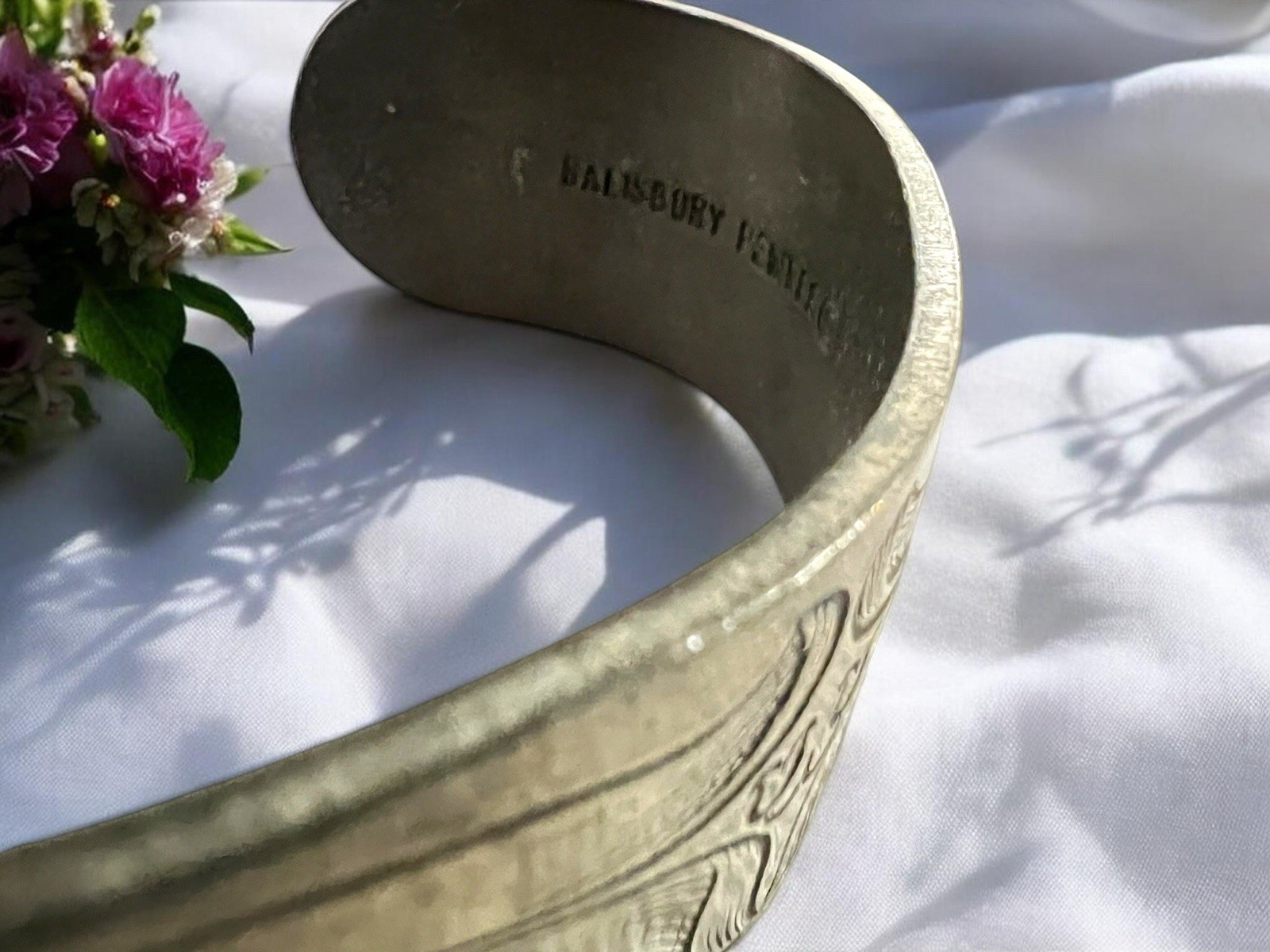 Salisbury Pewter Flower of the Month May Lilly Of Valley 2” Wide Cuff Bracelet