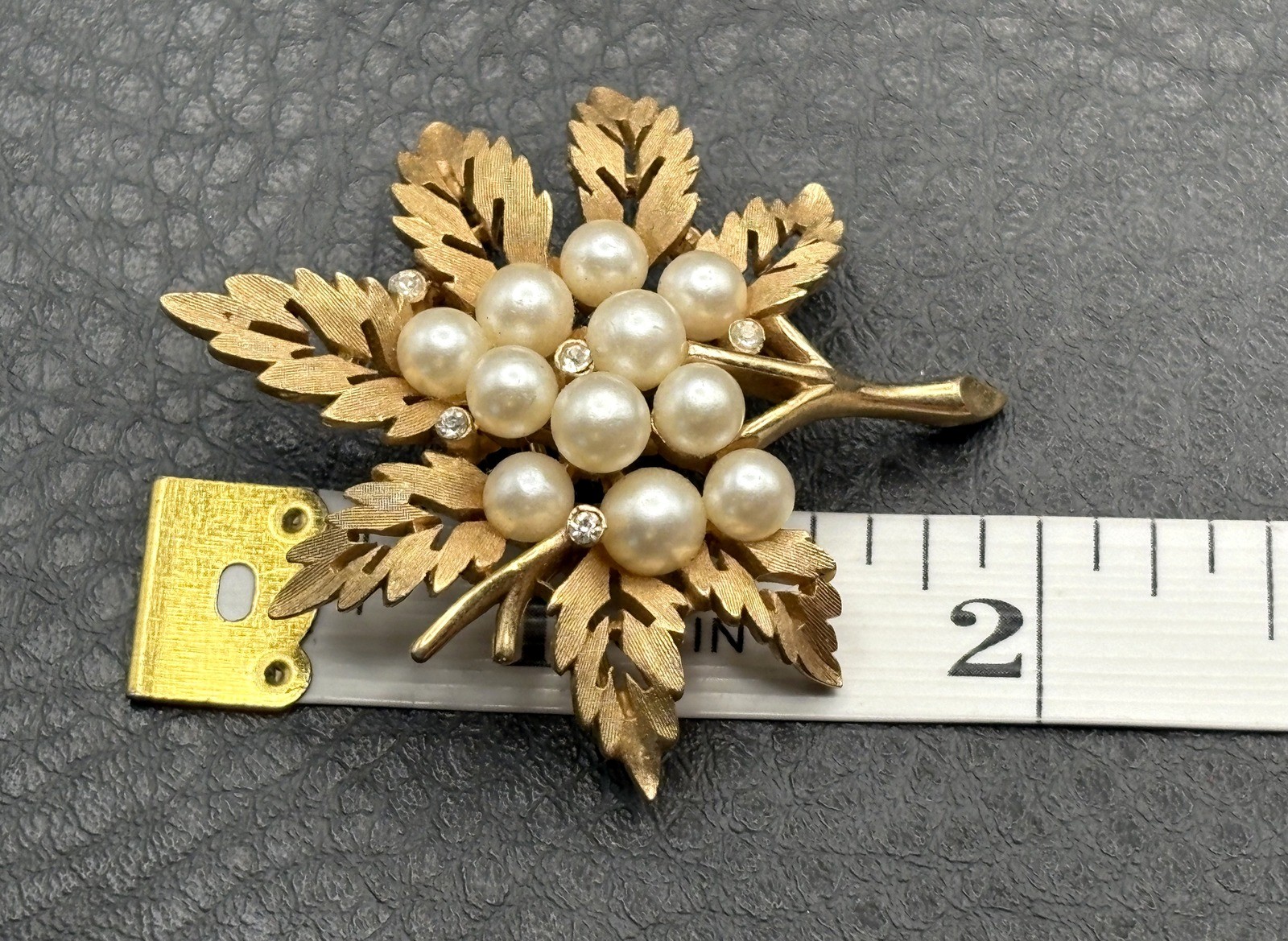 Vintage Crown Trifari Gold Tone Faux Pearl Cluster Rhinestone Leaf Brooch Pin