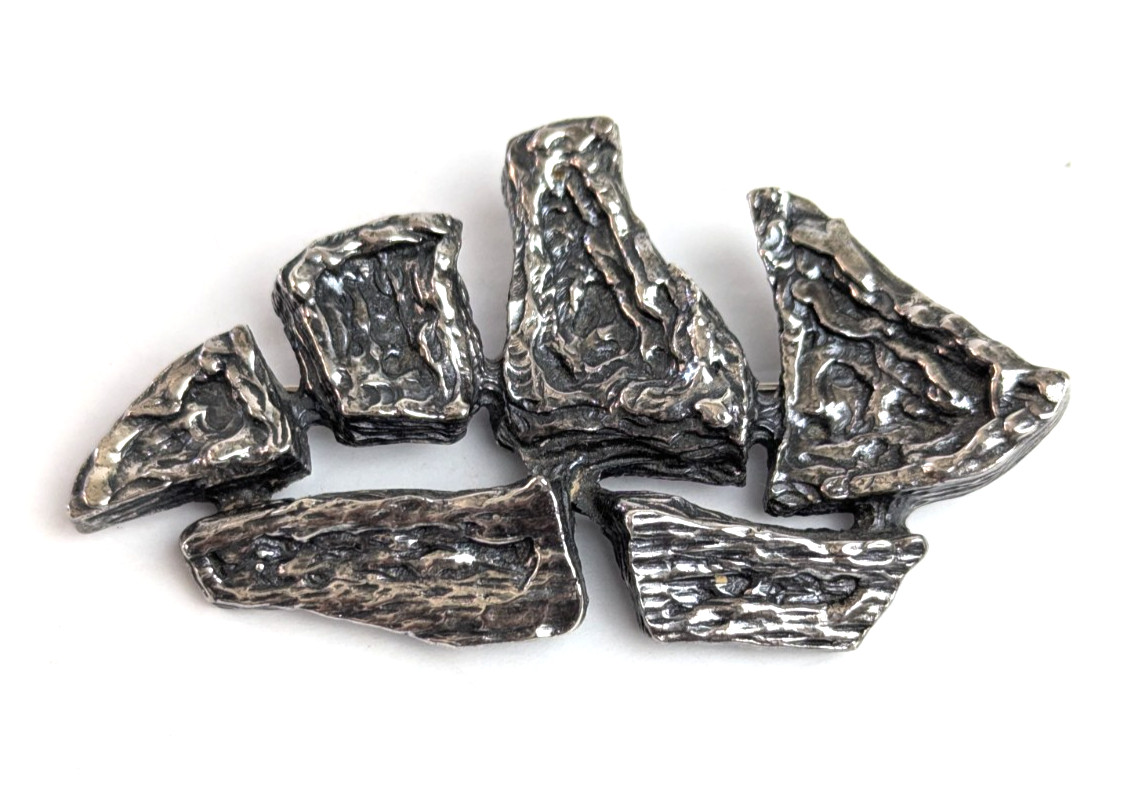 Vintage Robert Zentall MCM Brutalist Silver Tone Abstract Brooch Pin 3″ Long