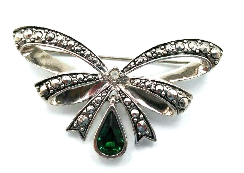 Vintage 1994 Avon May Birthstone Dark Green Glass Dangler Marcasite Brooch Pin