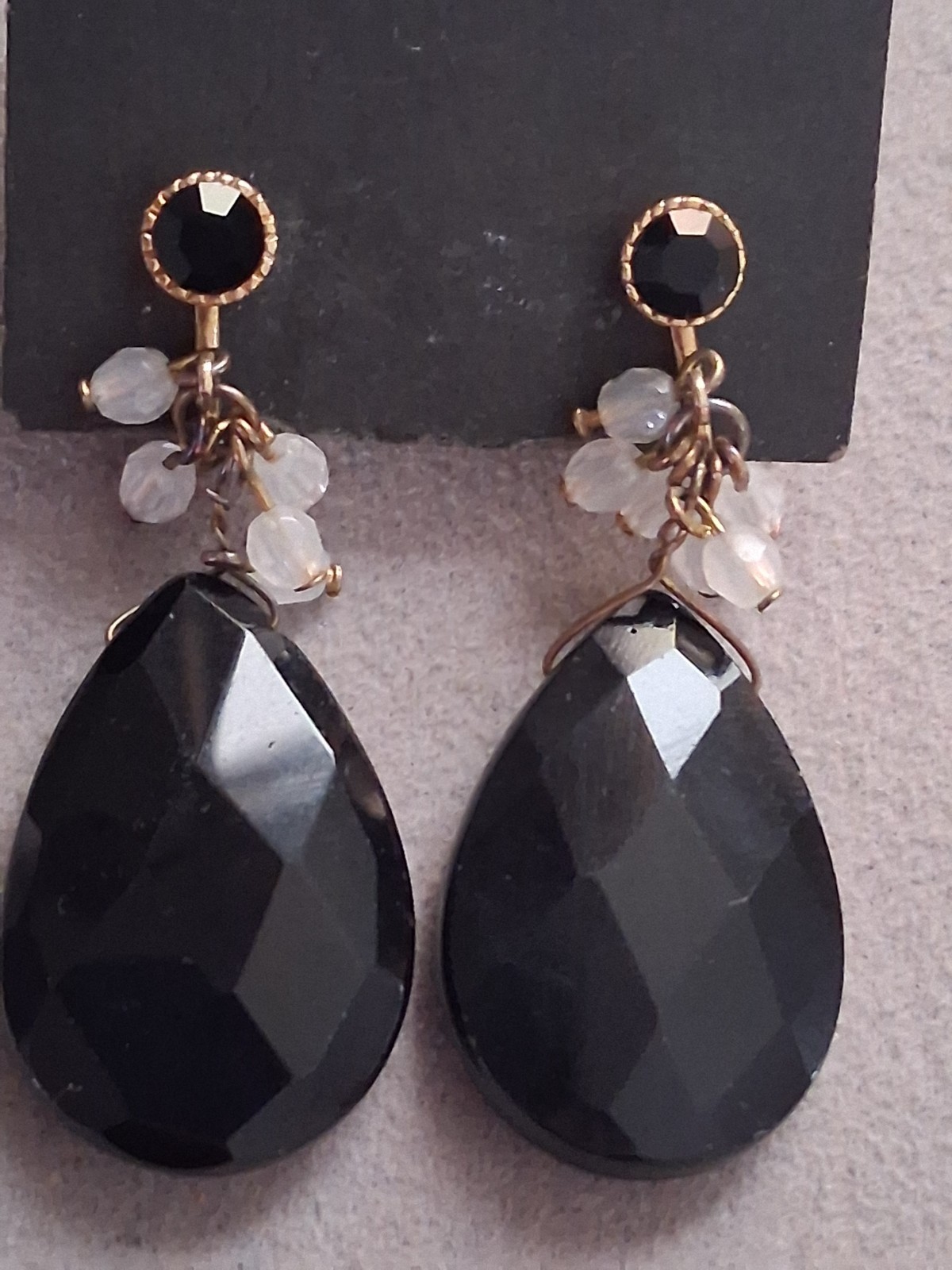 Faceted black glass teardrop stone adjustable clip on earrings w/dangle accents