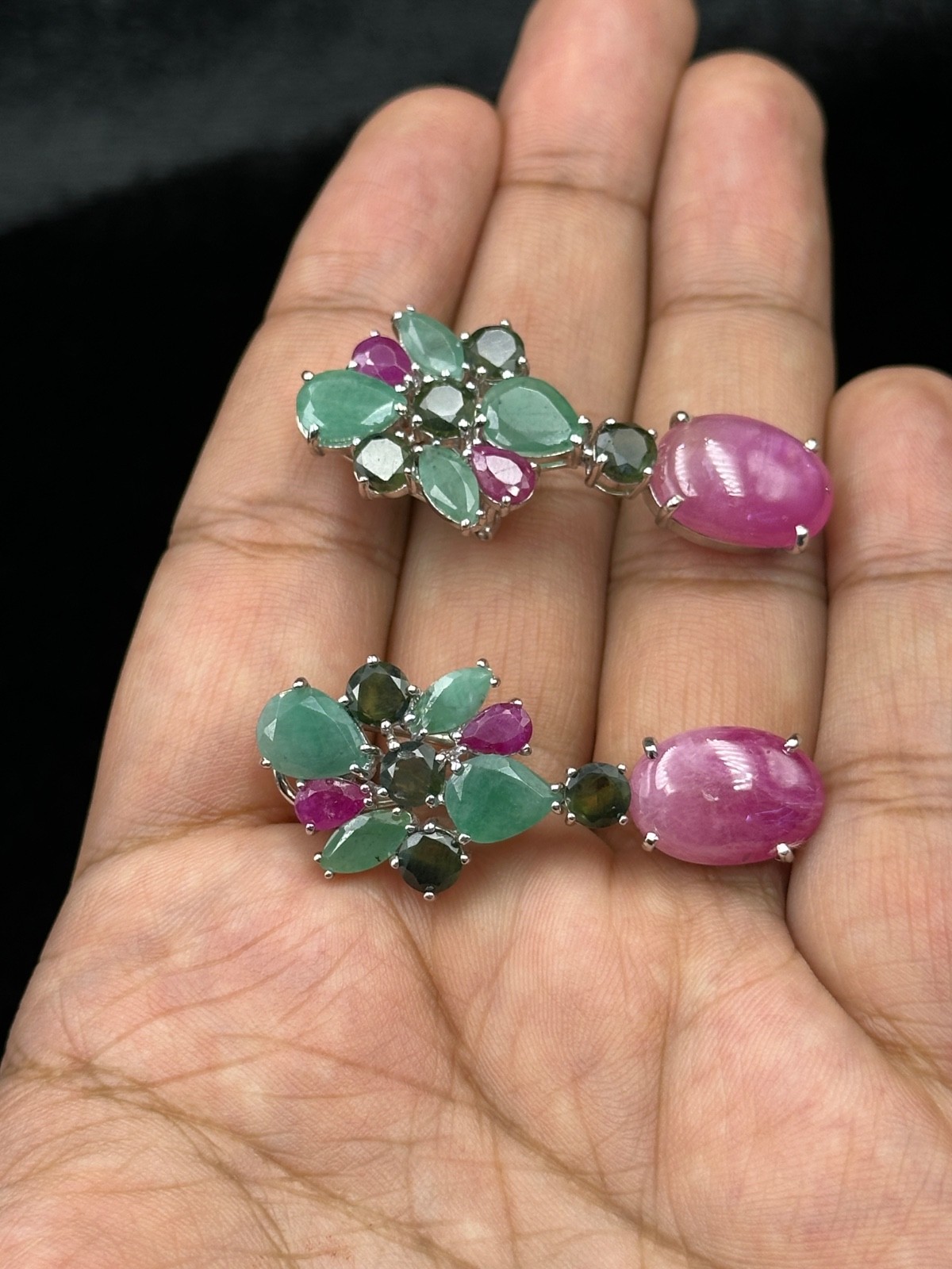 Beautiful Victorian Handmade Ruby And Emerald Earrings, 925 Sterling Silver