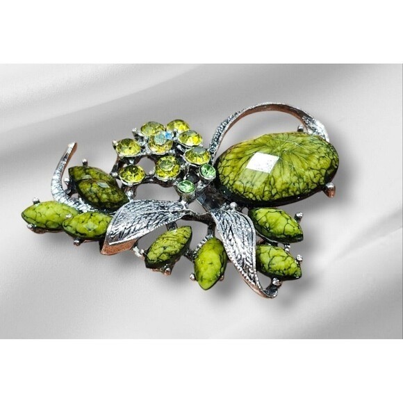 Vintage Style Lime Green Floral Brooch Silver Tone Rhinestone Botanical Pin