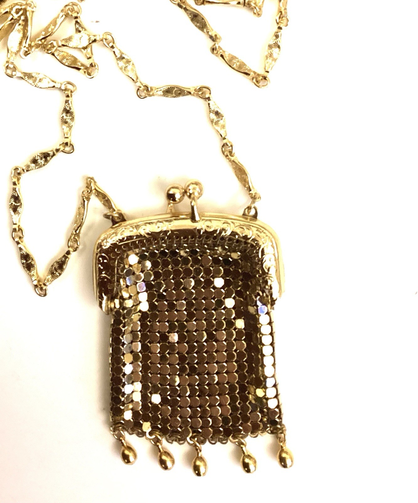 Vintage Gold Tone Mesh Chatelaine Purse Necklace Whiting Davis Pursette 1960s