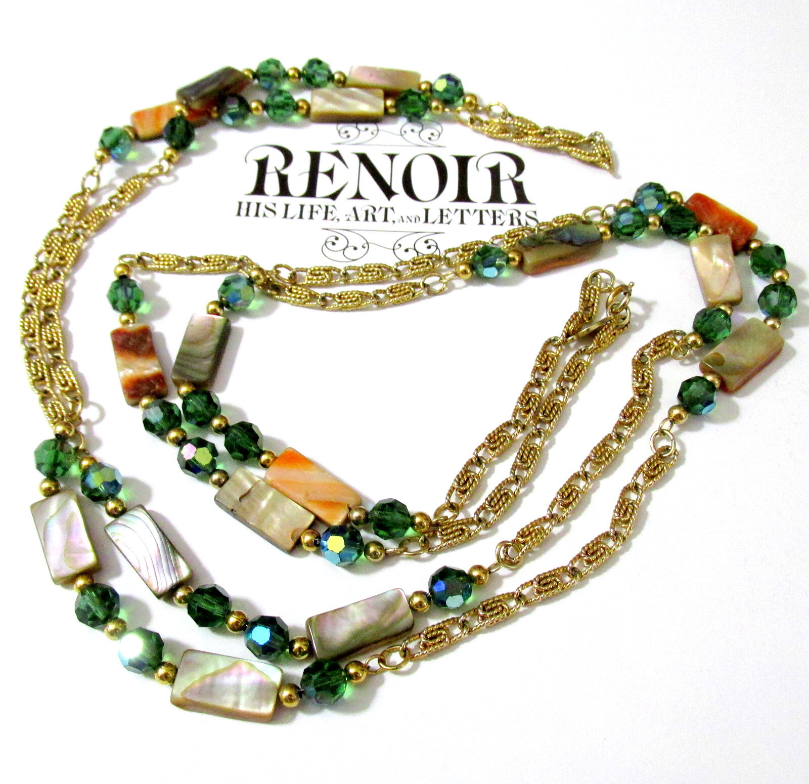 VTG RUNWAY NAPIER 60″ CHAIN ABALONE MOP GREEN CRYSTAL BEAD NECKLACE BOOK PIECE