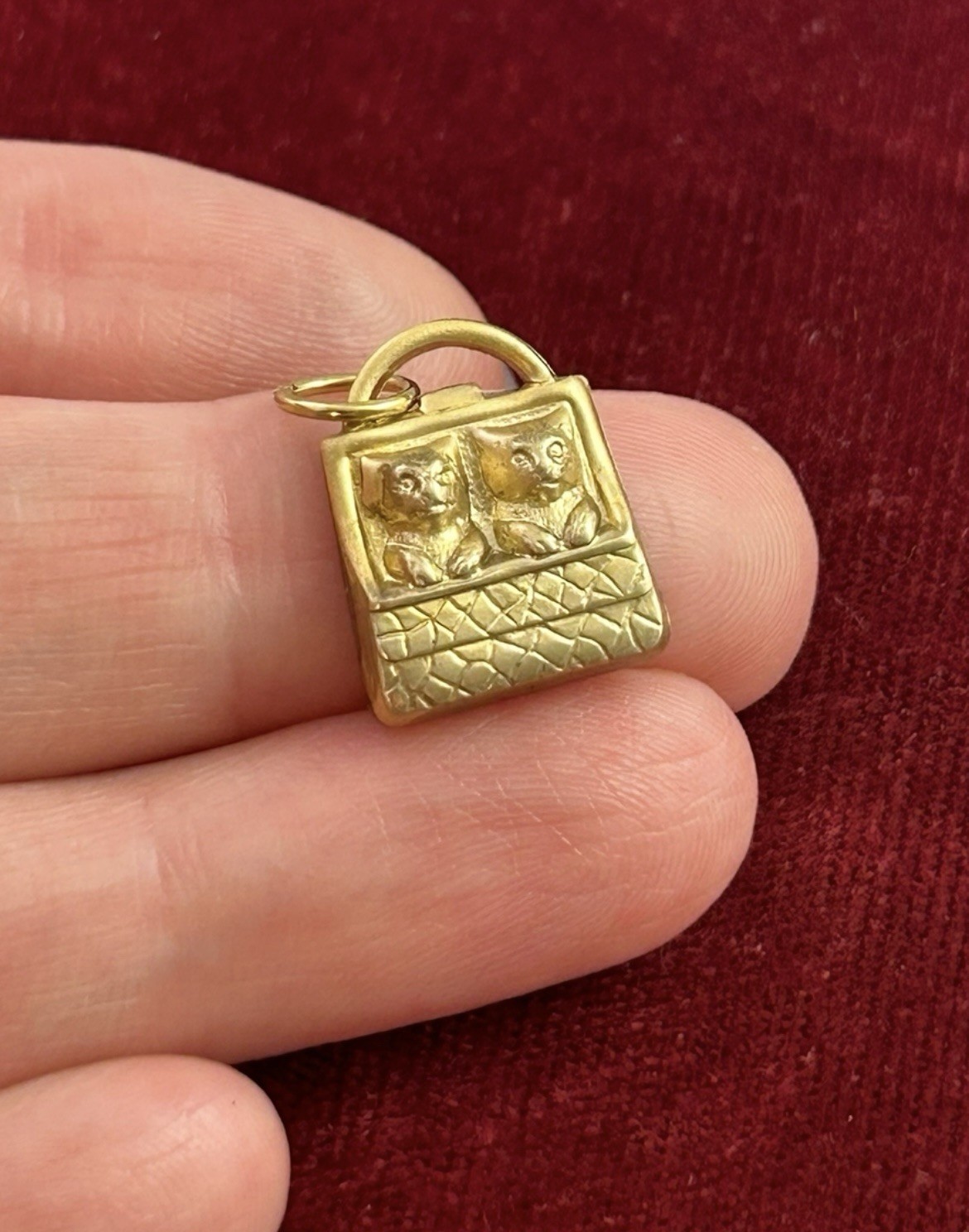 Vintage Charm Kitten Puppy In Purse Vintage Jewelry Raw Brass Stamping Pendant