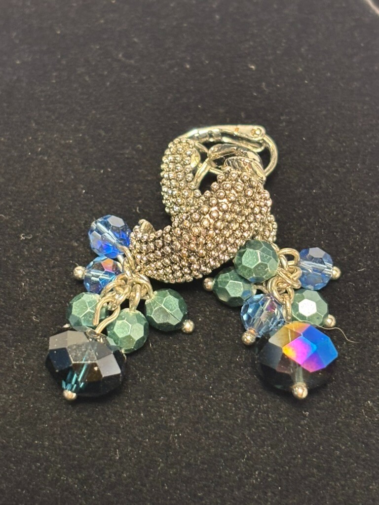 Napier Vintage Earrings Silver Tone Blue Crystal Dangle Clip On Sparkly
