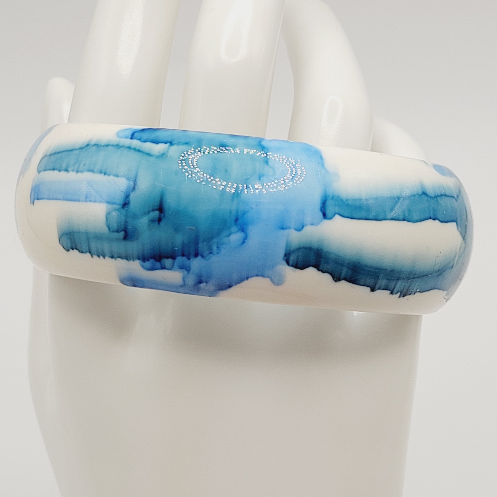 Marbled Watercolor Ink Blot Design Blue White Acrylic Chunky Bangle Bracelet