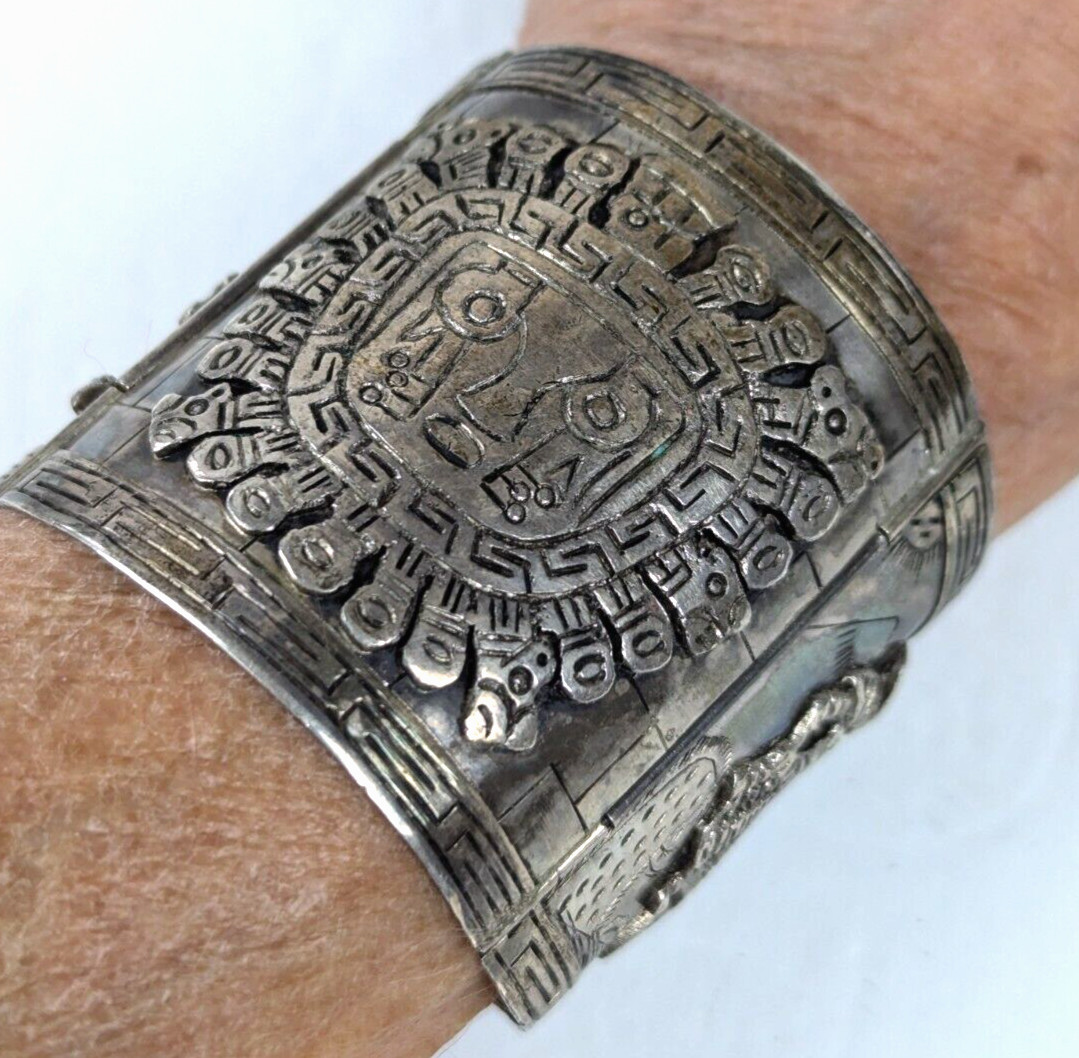 Massive Vintage PERU 925 Sterling Silver 2.25″ Extra Wide 7″ Bracelet 76 grams