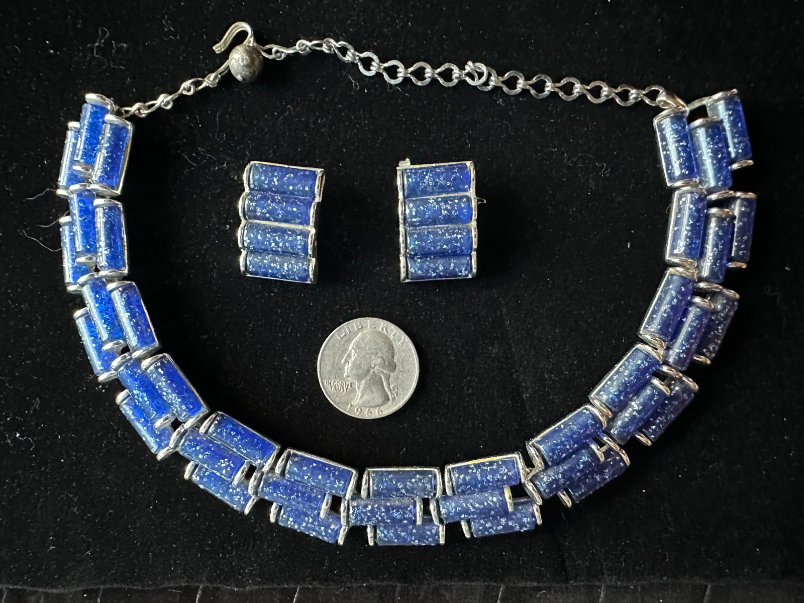 Vintage Signed Charel Blue Confetti Thermoset Lucite Necklace and Clip Earrings